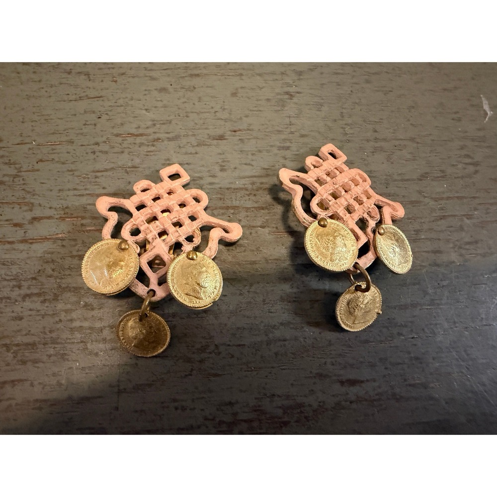 Vintage Pink Lattice Coin Charm Clip On Earrings Gold Tone Boho Statement